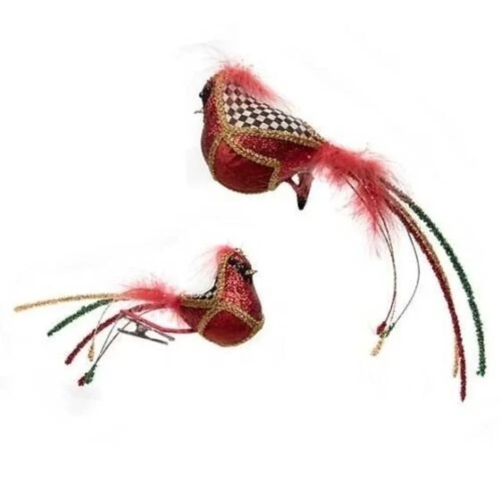 Mackenzie Childs Christmas Magic Birds Clips Set of 2 Courtly Check Red Gold